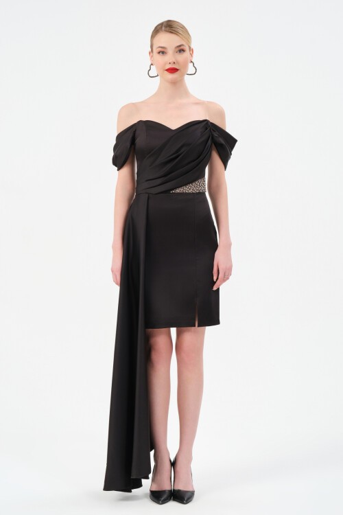 Taş Detaylı Kayık Yaka Mini Elbise - 1498