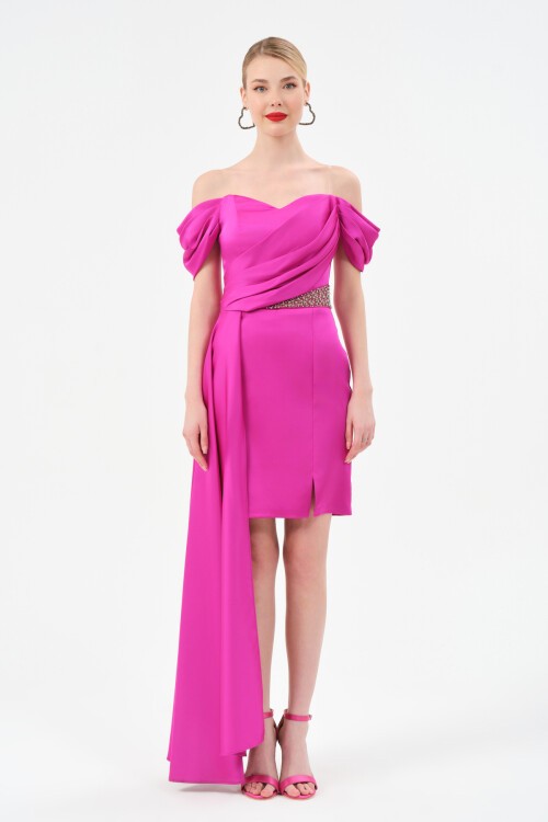 Taş Detaylı Kayık Yaka Mini Elbise - 1498