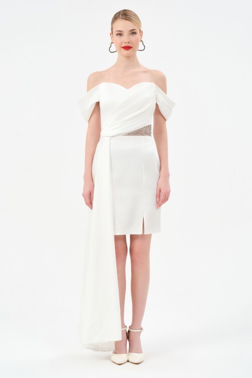 Taş Detaylı Kayık Yaka Mini Elbise - 1498