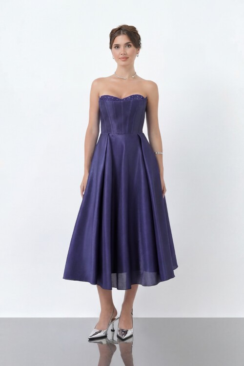 Taş Detaylı Straplez Midi Elbise - 1904