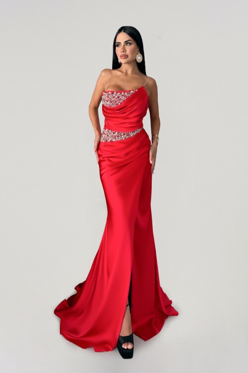 Taş Detaylı Straplez Yırtmaçlı Elbise - 1541