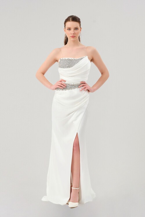 Taş Detaylı Straplez Yırtmaçlı Elbise - 1541