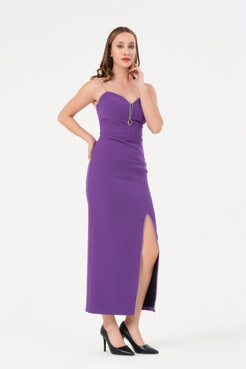 Taş Detaylı Yırtmaçlı Midi Elbise - 1568