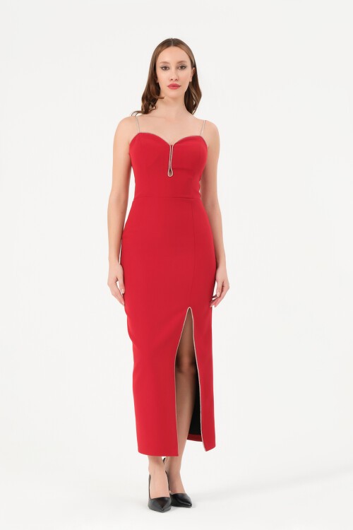 Taş Detaylı Yırtmaçlı Midi Elbise - 1568