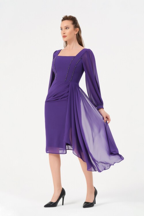 Taş İşlemeli Şifon Detaylı Midi Elbise - 1567