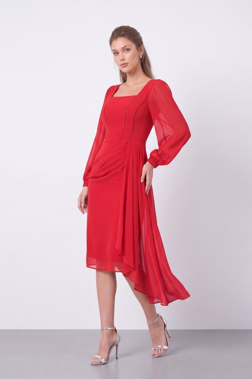 Taş İşlemeli Şifon Detaylı Midi Elbise - 1567