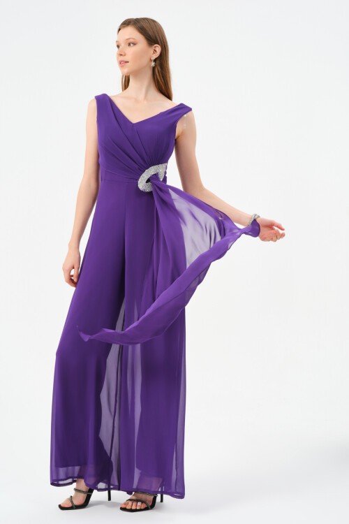 Taş İşlemeli Şifon Detaylı Tulum - 1457