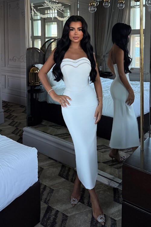 Taş İşlemeli Straplez Midi Elbise - 1871