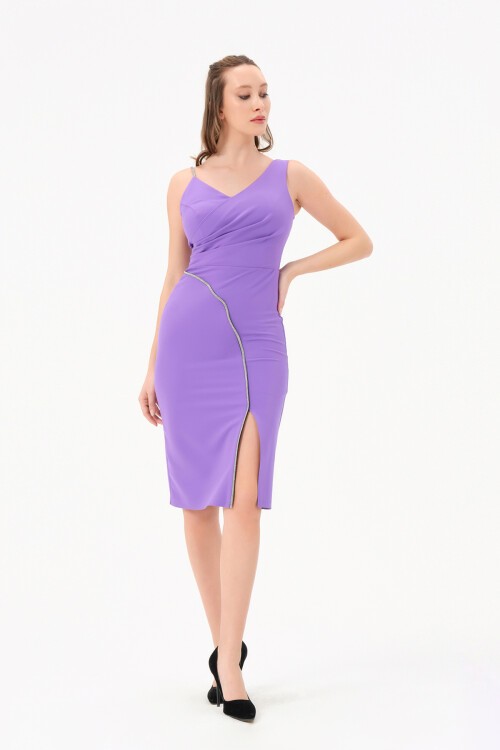 Taş Şerit Detaylı Drapeli Midi Elbise - 1221