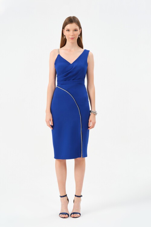 Taş Şerit Detaylı Drapeli Midi Elbise - 1221