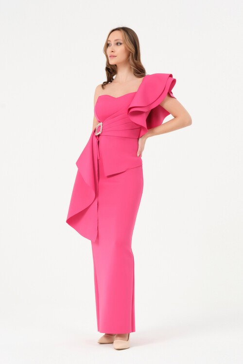 Taş Tokalı Tek Omuzlu Drapeli Elbise - 1474