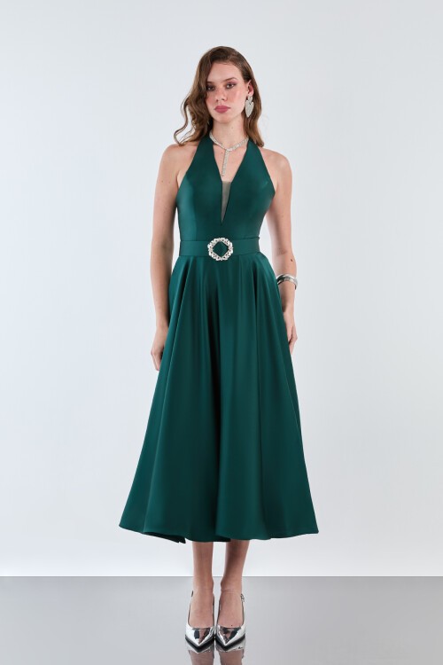 Taşlı Kemer Detaylı Halter Yaka Midi Elbise - 1970