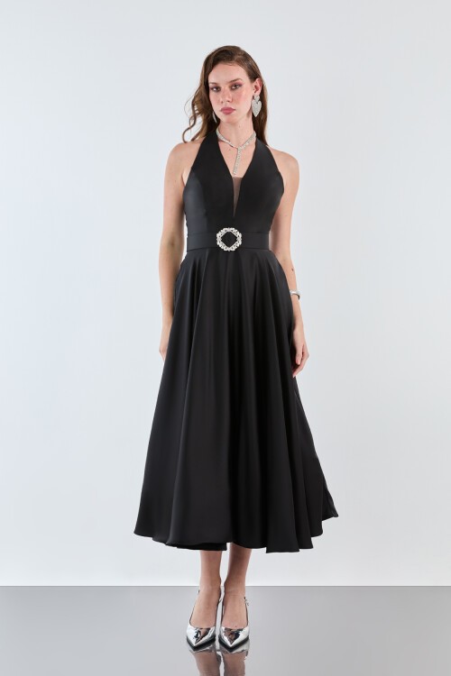 Taşlı Kemer Detaylı Halter Yaka Midi Elbise - 1970