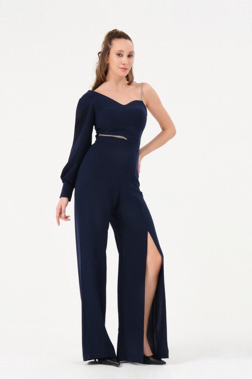 Tek Kollu Taş Detaylı Yırtmaçlı Tulum - 1453