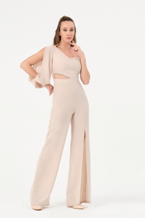 Tek Kollu Taş Detaylı Yırtmaçlı Tulum - 1453