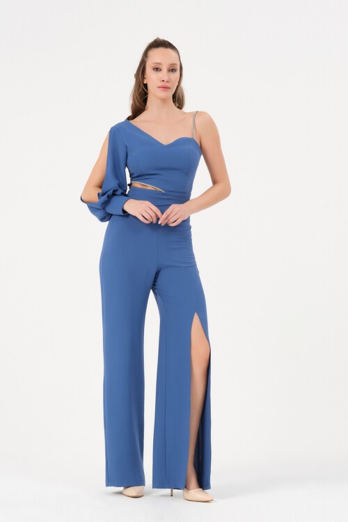 Tek Kollu Taş Detaylı Yırtmaçlı Tulum - 1453