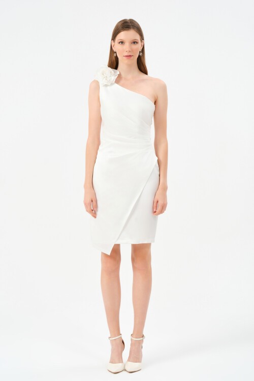 Tek Omuzlu Çiçek Detaylı Mini Elbise - 1492