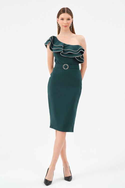 Tek Omuzlu Fırfırlı Midi Elbise - 1552