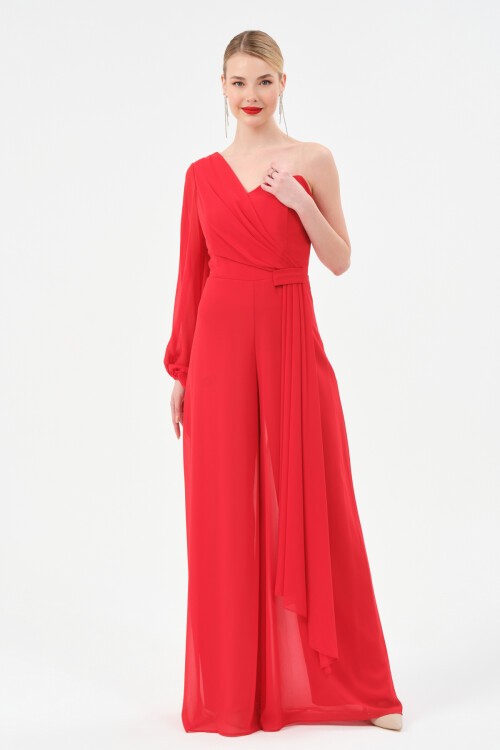 Tek Omuzlu Şifon Detaylı Tulum - 1336