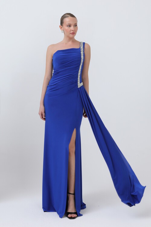 Tek Omuzlu Taş Detaylı Elbise - 1615