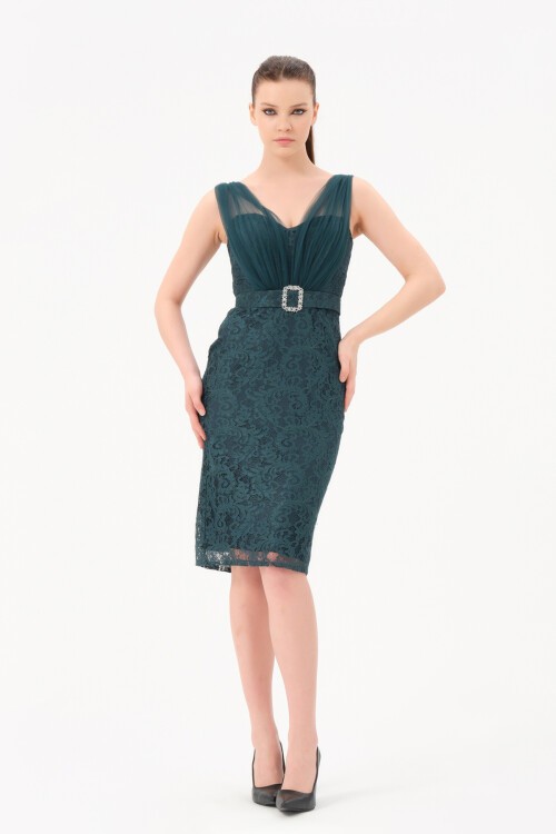 Tül Askılı Kemerli Midi Elbise - 1589