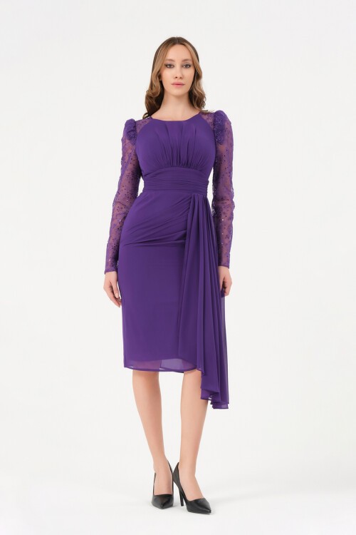 Tül Detaylı Drapeli Midi Elbise - 1501