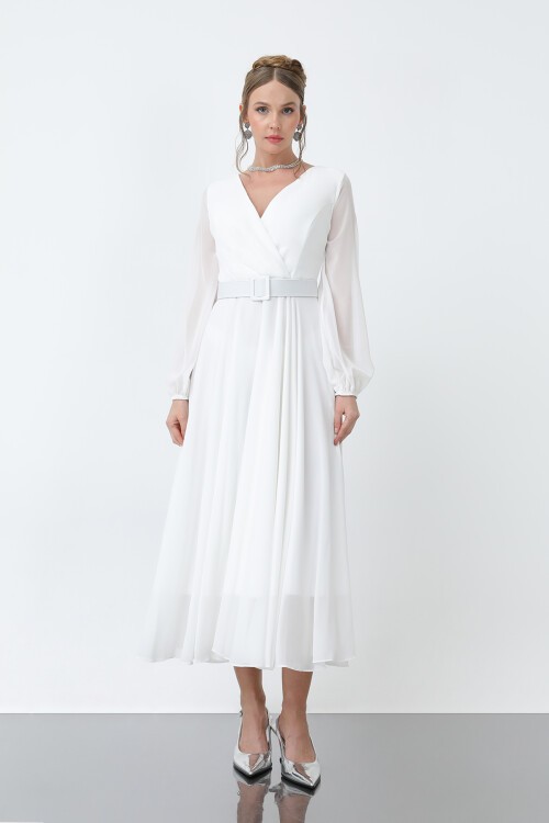 Uzun Kollu Kruvaze Yaka Şifon Elbise - 1641