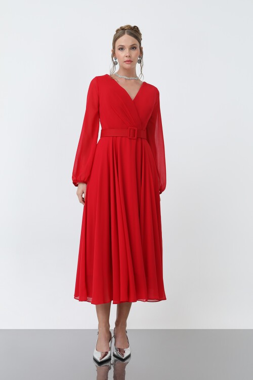 Uzun Kollu Kruvaze Yaka Şifon Elbise - 1641