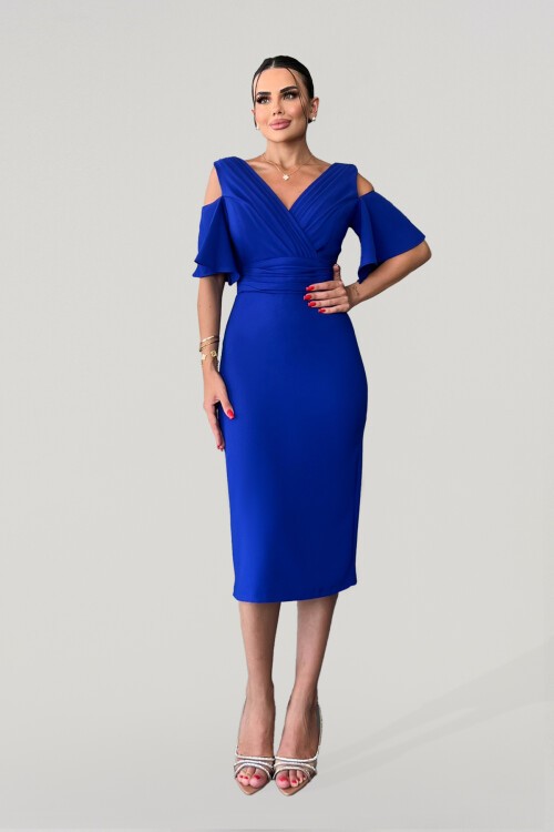 V Yaka Drapeli Kalem Midi Elbise - 1639