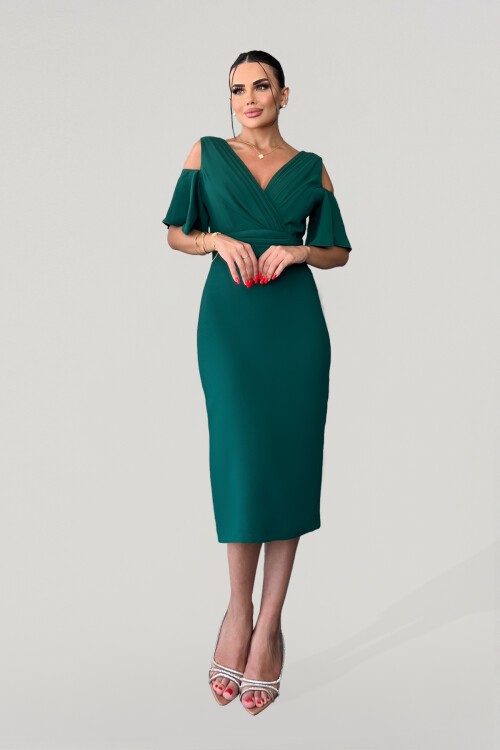 V Yaka Drapeli Kalem Midi Elbise - 1639