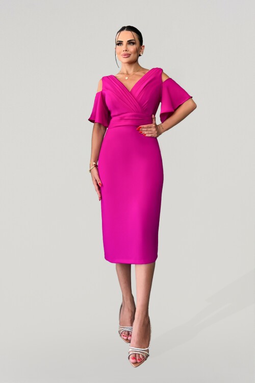 V Yaka Drapeli Kalem Midi Elbise - 1639