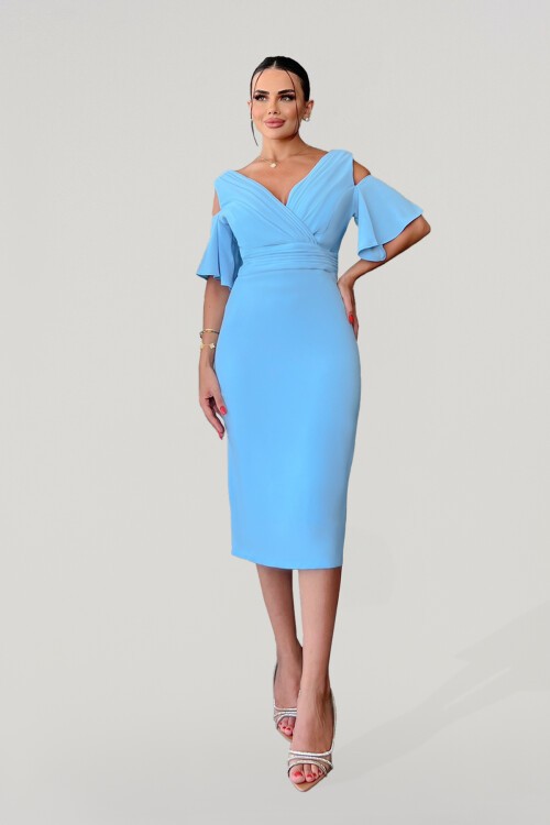 V Yaka Drapeli Kalem Midi Elbise - 1639