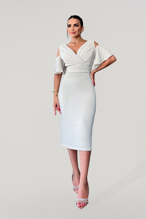 V Yaka Drapeli Kalem Midi Elbise - 1639