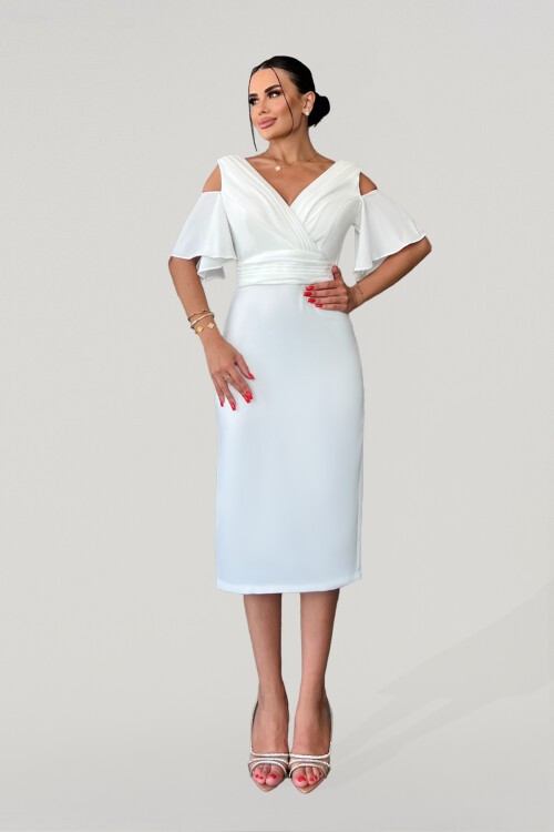 V Yaka Drapeli Kalem Midi Elbise - 1639