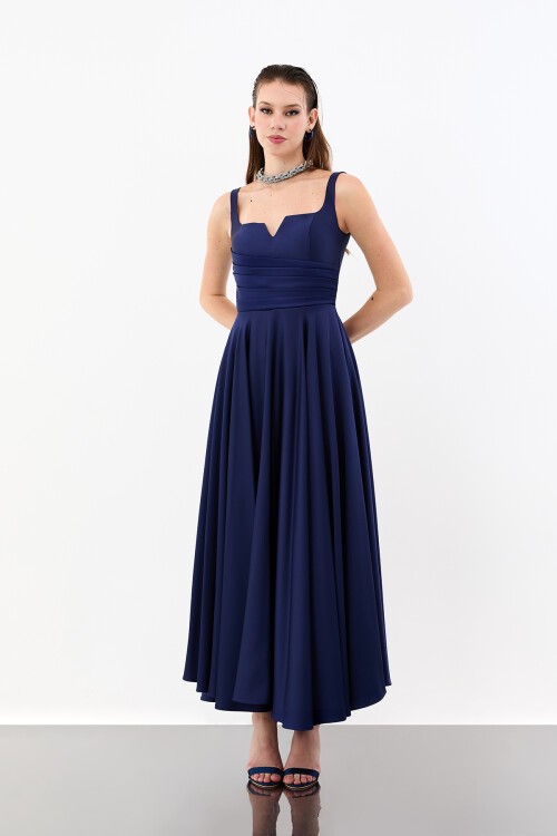 V Yaka Drapeli Yüksek Bel Midi Elbise - 1952