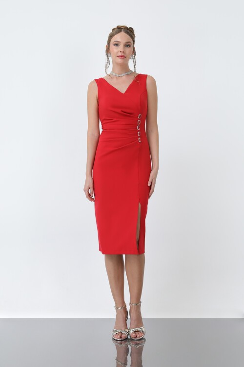 V Yaka Taş Detaylı Elbise - 1912