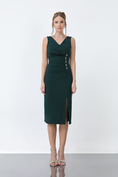 V Yaka Taş Detaylı Elbise - 1912