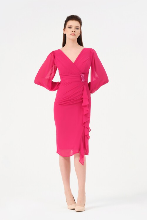 Volan Detaylı Kruvaze Yaka Midi Elbise - 1618