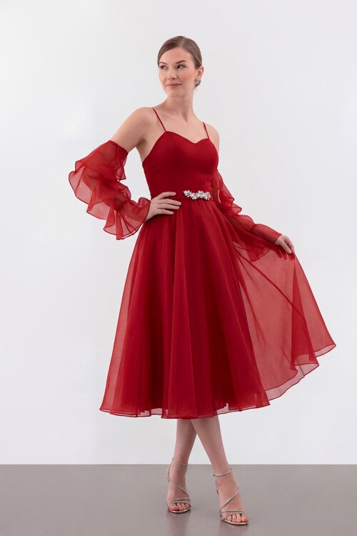 Volan Kollu İp Askılı Midi Elbise - 1993