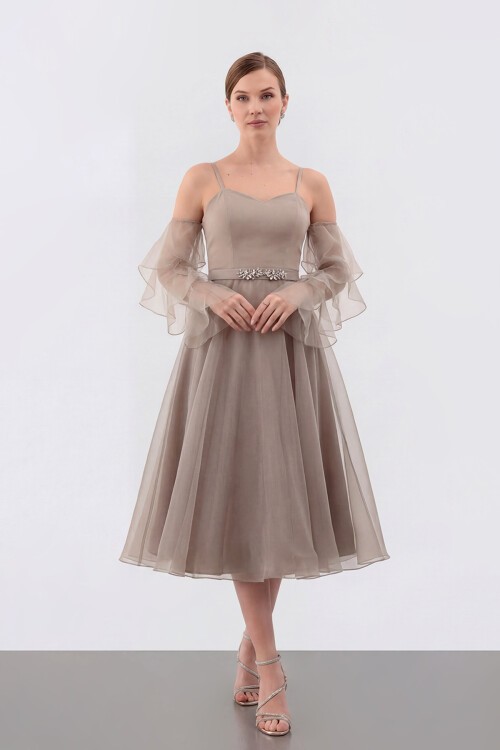 Volan Kollu İp Askılı Midi Elbise - 1993