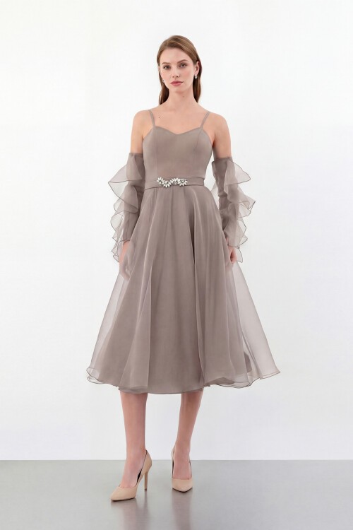 Volan Kollu İp Askılı Midi Elbise - 1993