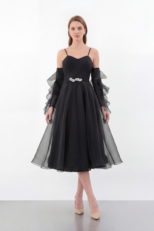 Volan Kollu İp Askılı Midi Elbise - 1993