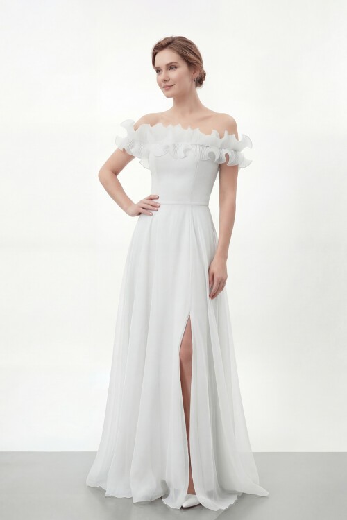 Volan Yakalı Yırtmaçlı Şifon Elbise - 2036