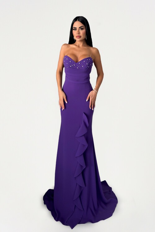 Volanlı İncili Straplez Elbise - 1561