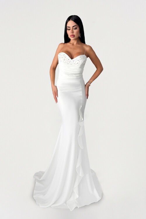 Volanlı İncili Straplez Elbise - 1561