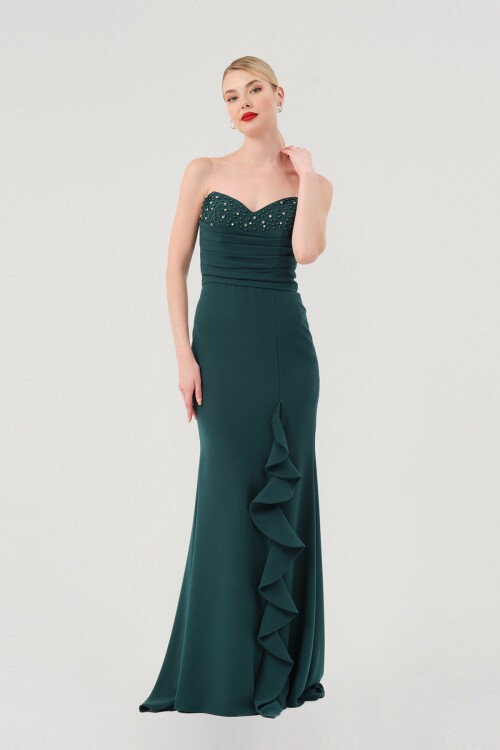 Volanlı İncili Straplez Elbise - 1561