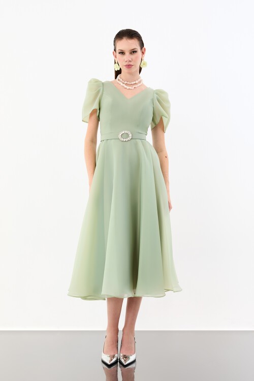 Volümlü Kol Detaylı Şifon Midi Elbise - 1958