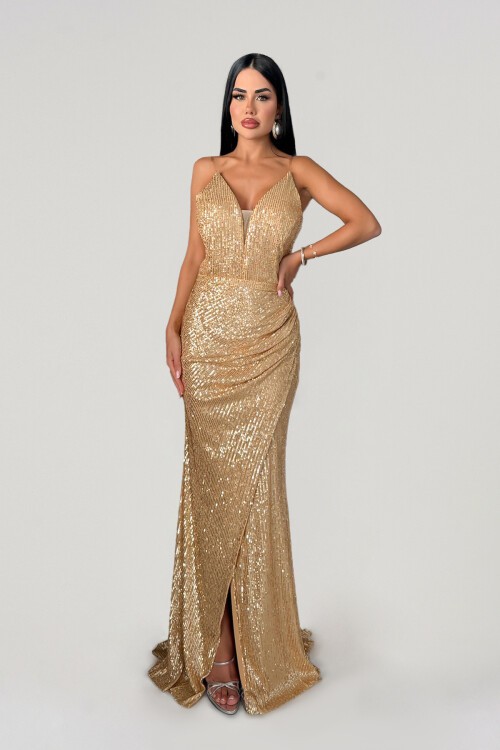 Yaka Detaylı Payetli Yırtmaçlı Elbise - 1542