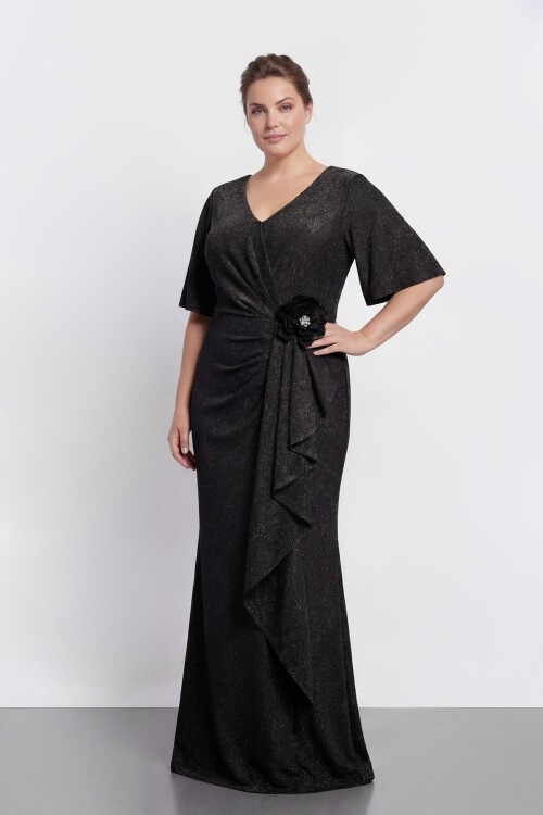 Yarım Kollu Drapeli Çiçek Detaylı Uzun Abiye - 2133