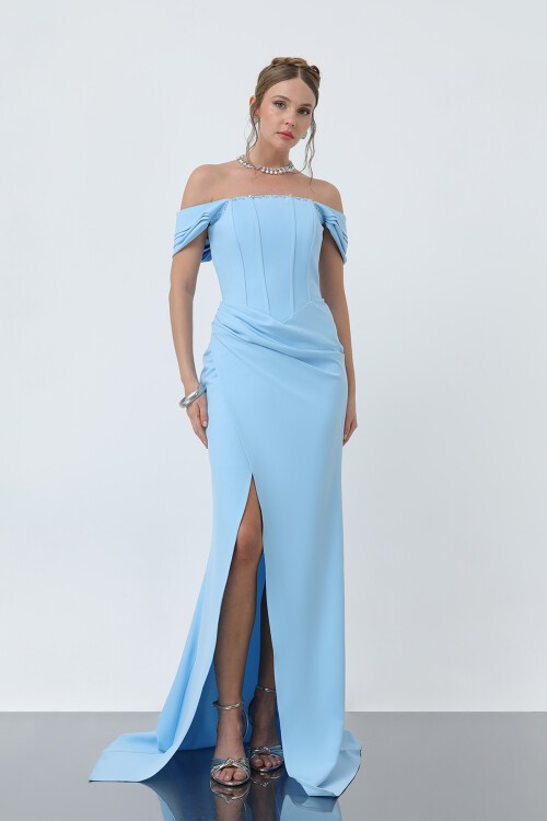 Yırtmaçlı Straplez Elbise - 1877